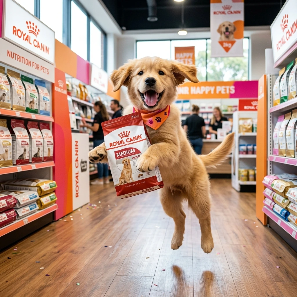 Щенок в зоомагазине с кормом Royal Canin